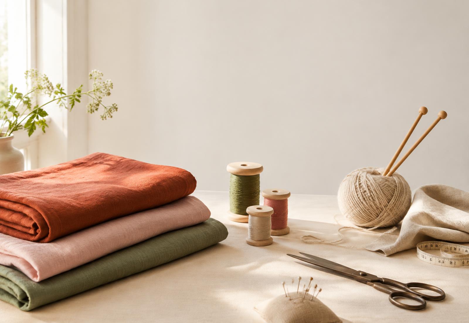 Gevouwen stoffen in terracotta, roze en groen naast garenklosjes, wol en breinaalden